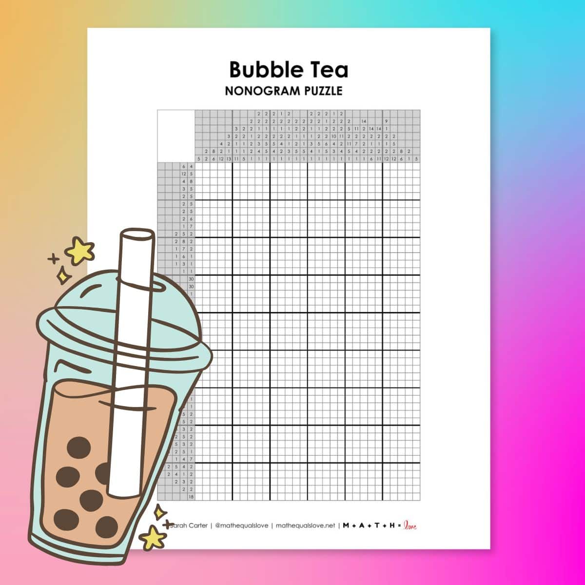 bubble tea nonogram puzzle free printable pdf.
