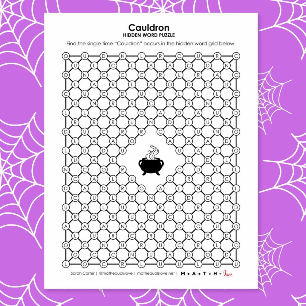 cauldron hidden word puzzle for halloween.