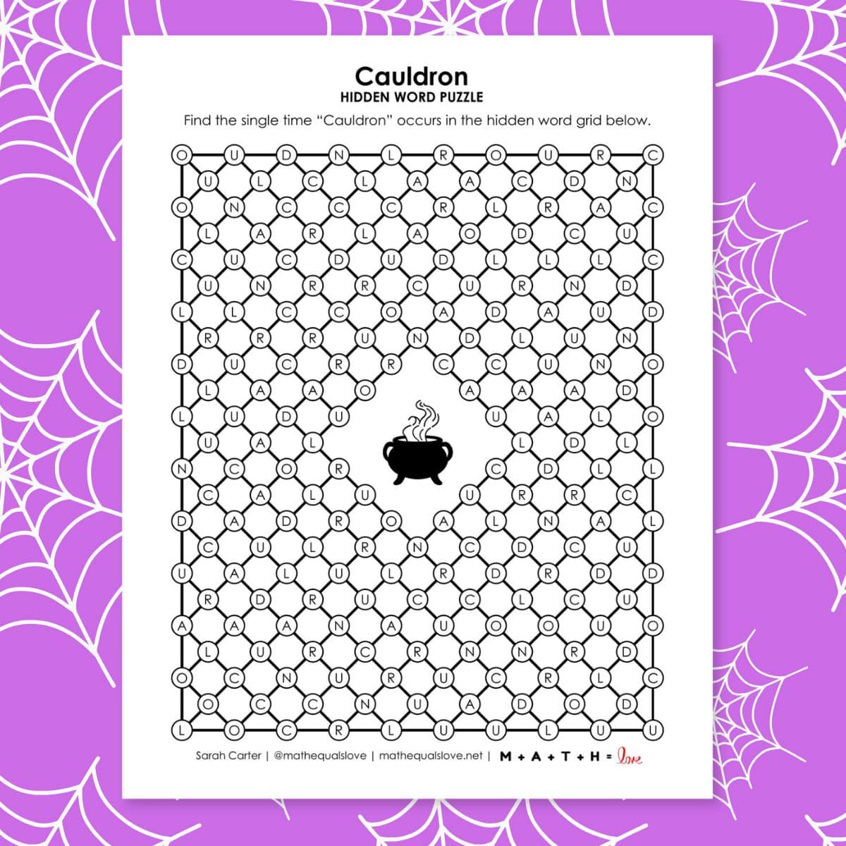 cauldron hidden word puzzle for halloween.