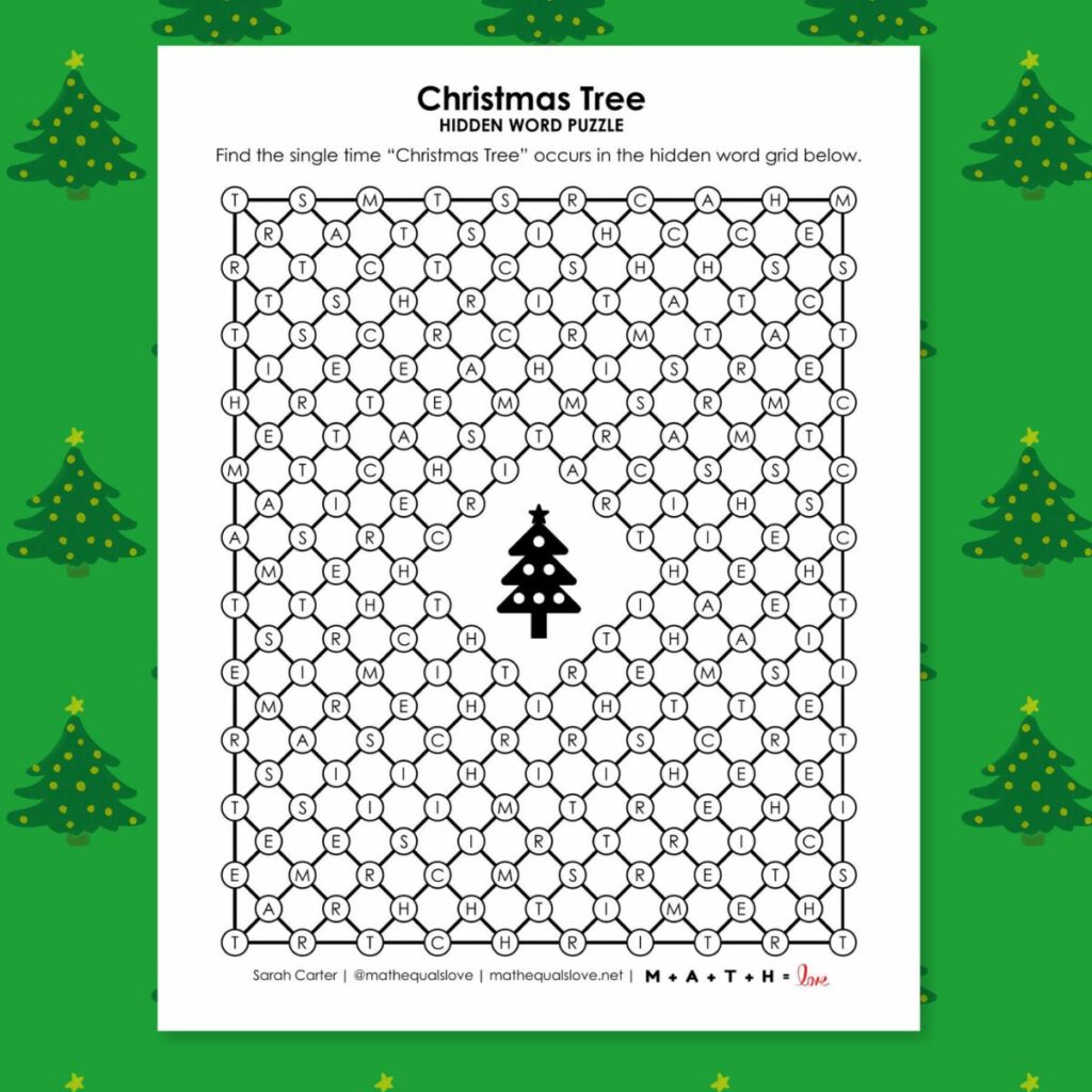 christmas tree hidden word puzzle.