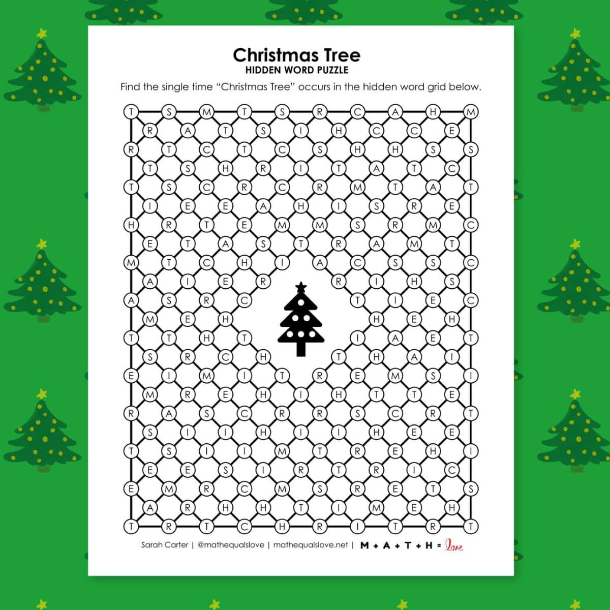 christmas tree hidden word puzzle.