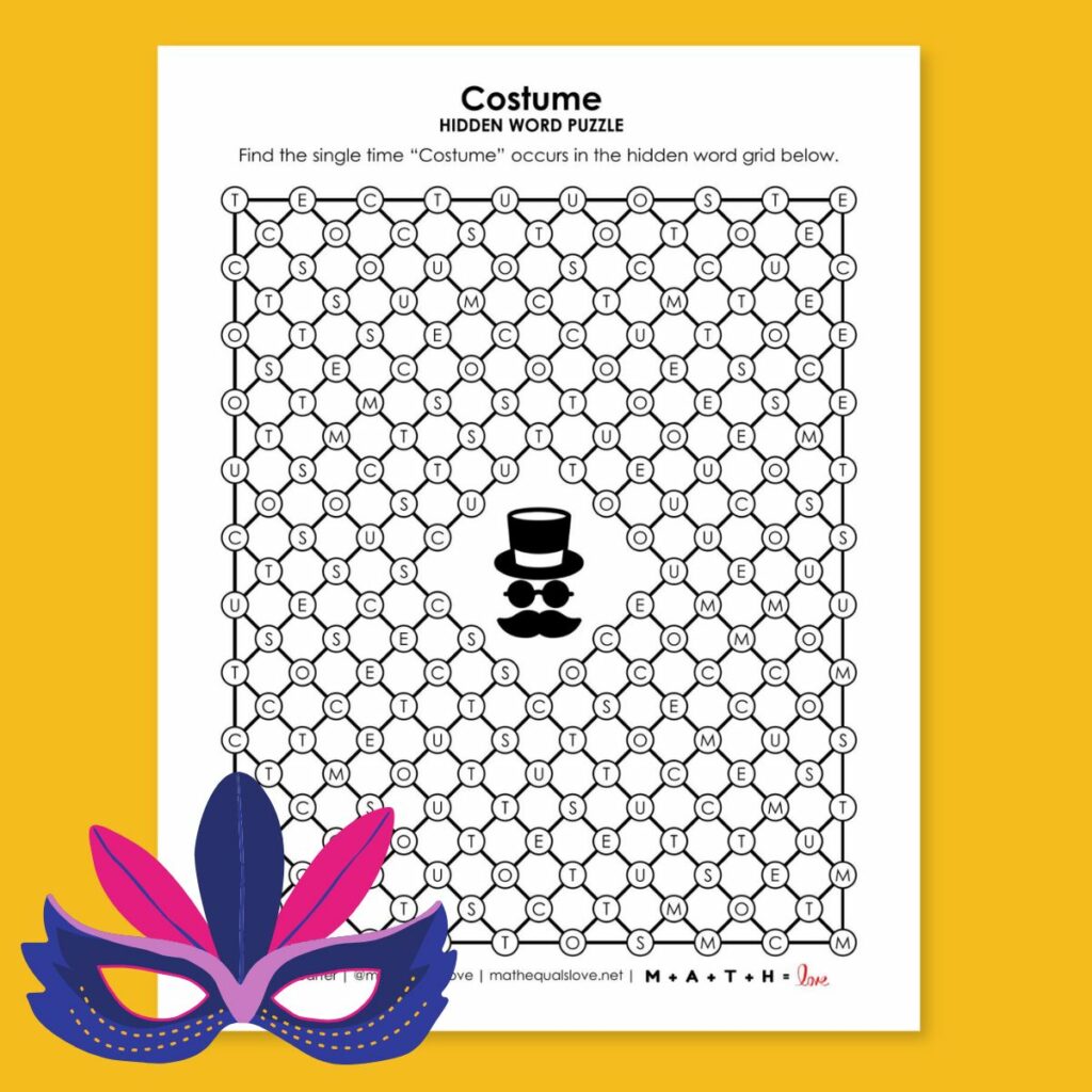 costume hidden word puzzle for halloween.