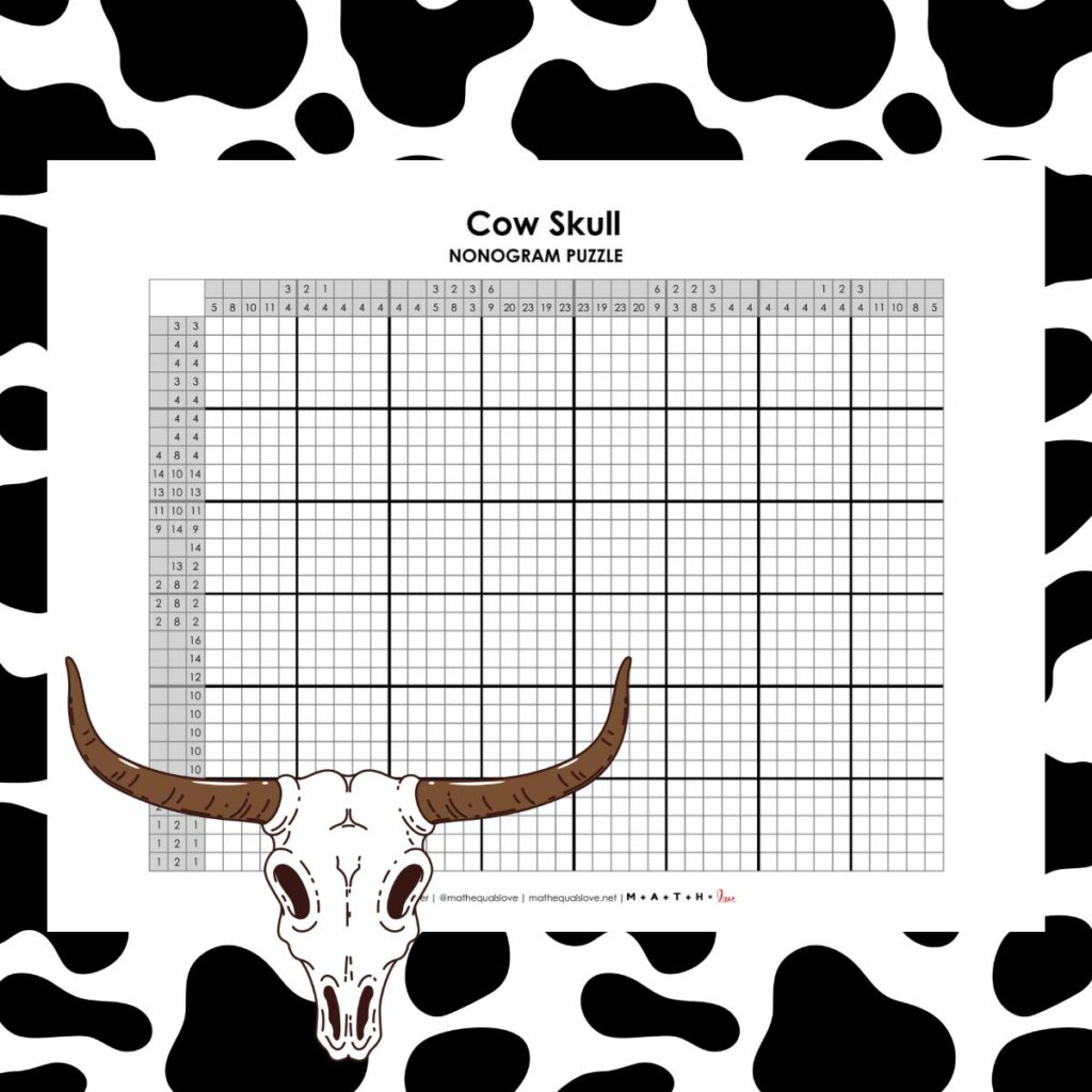 cow skull nonogram puzzle free printable pdf.