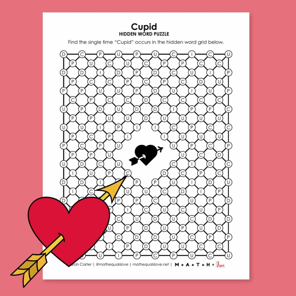 cupid hidden word puzzle for valentines day.