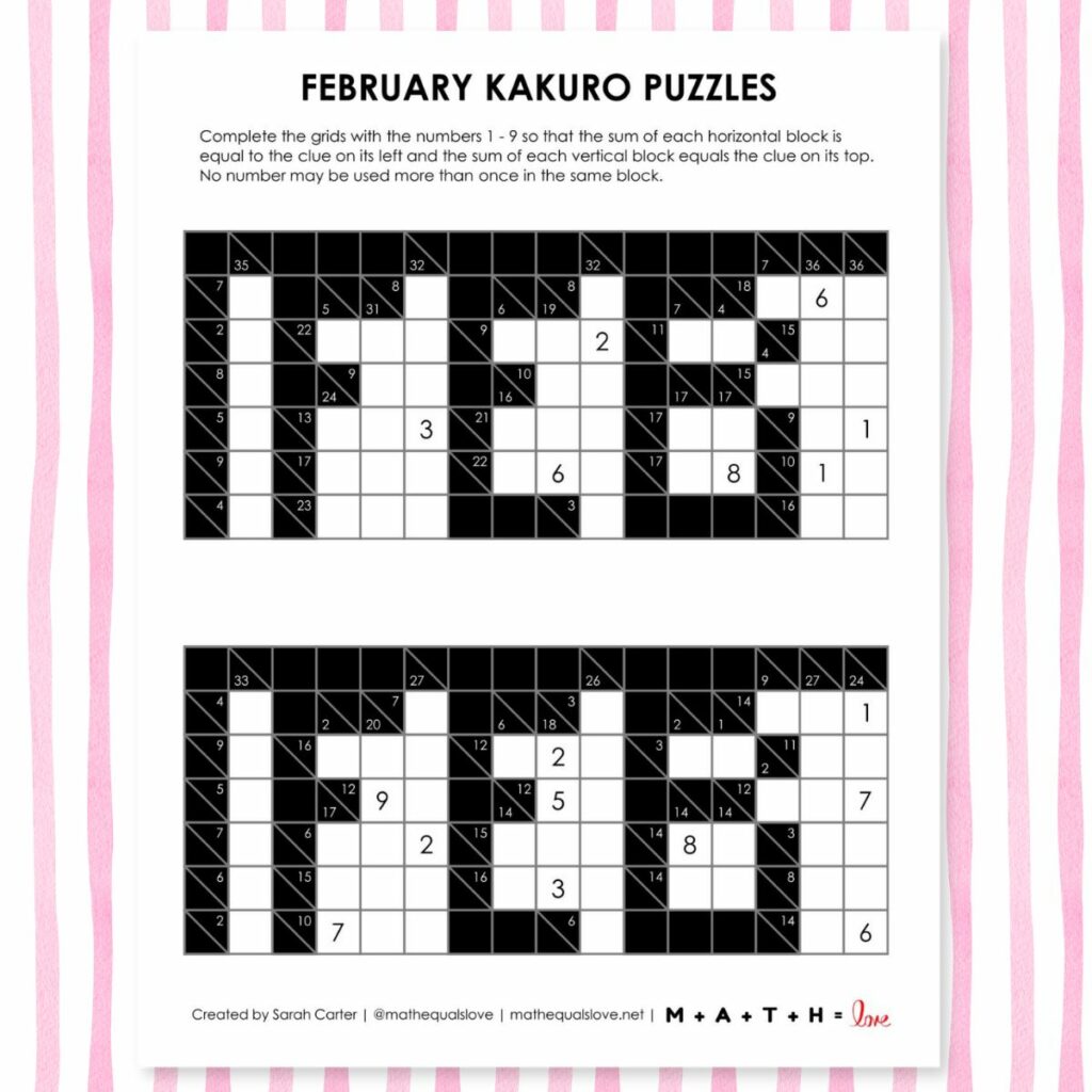 february kakuro logic puzzles.