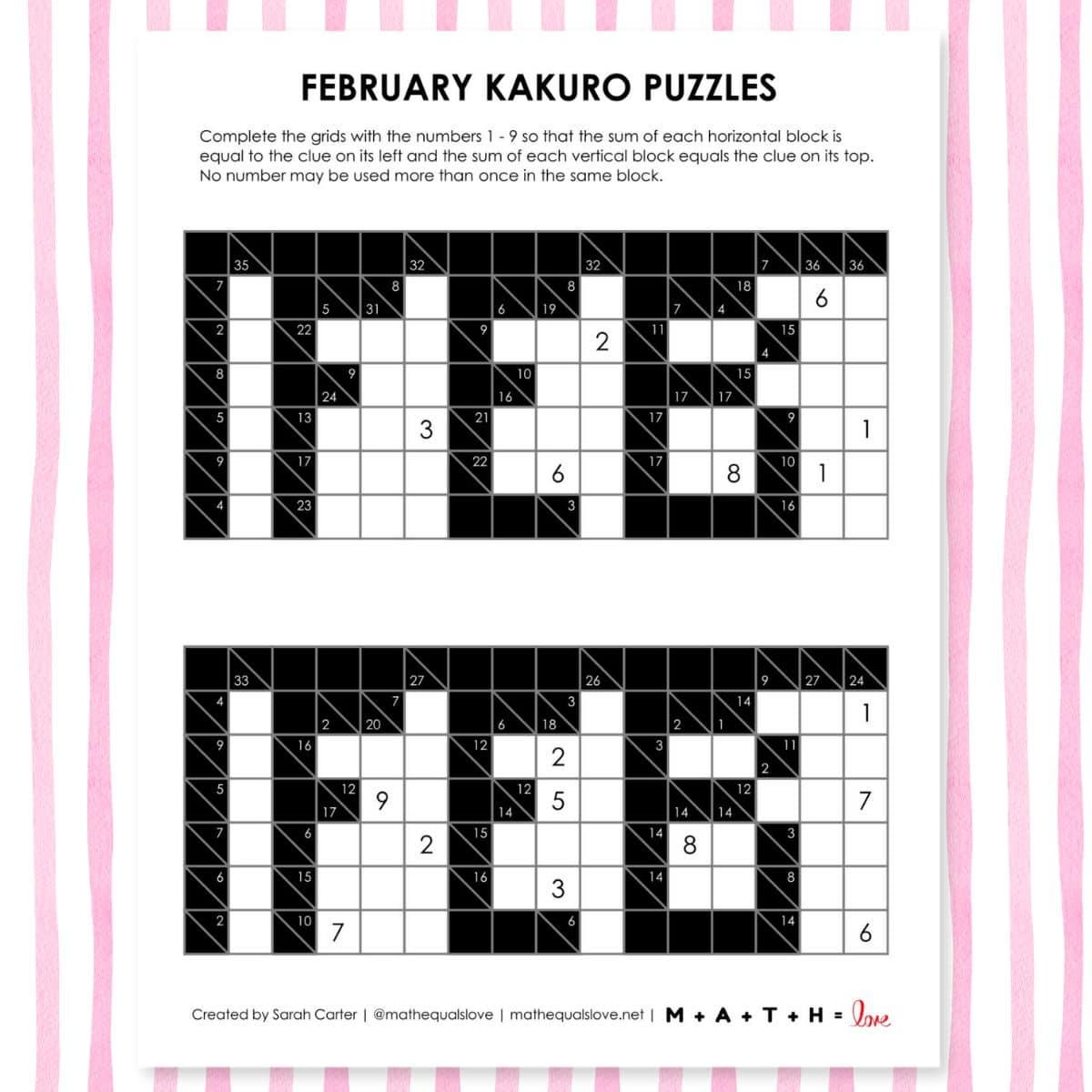 february kakuro logic puzzles.