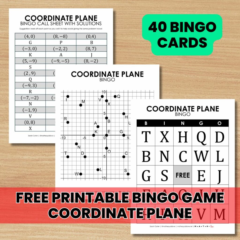 graphing ordered pairs on the coordinate plane algebra bingo game - free printable pdf.