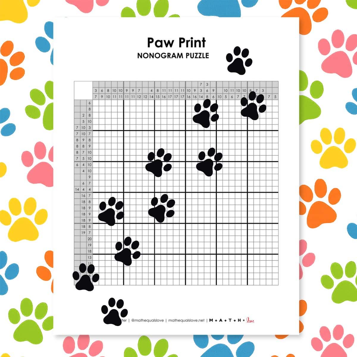 paw print nonogram puzzle free printable pdf.