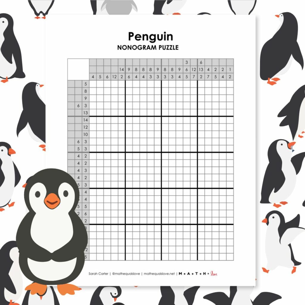 penguin nonogram puzzle free printable pdf.