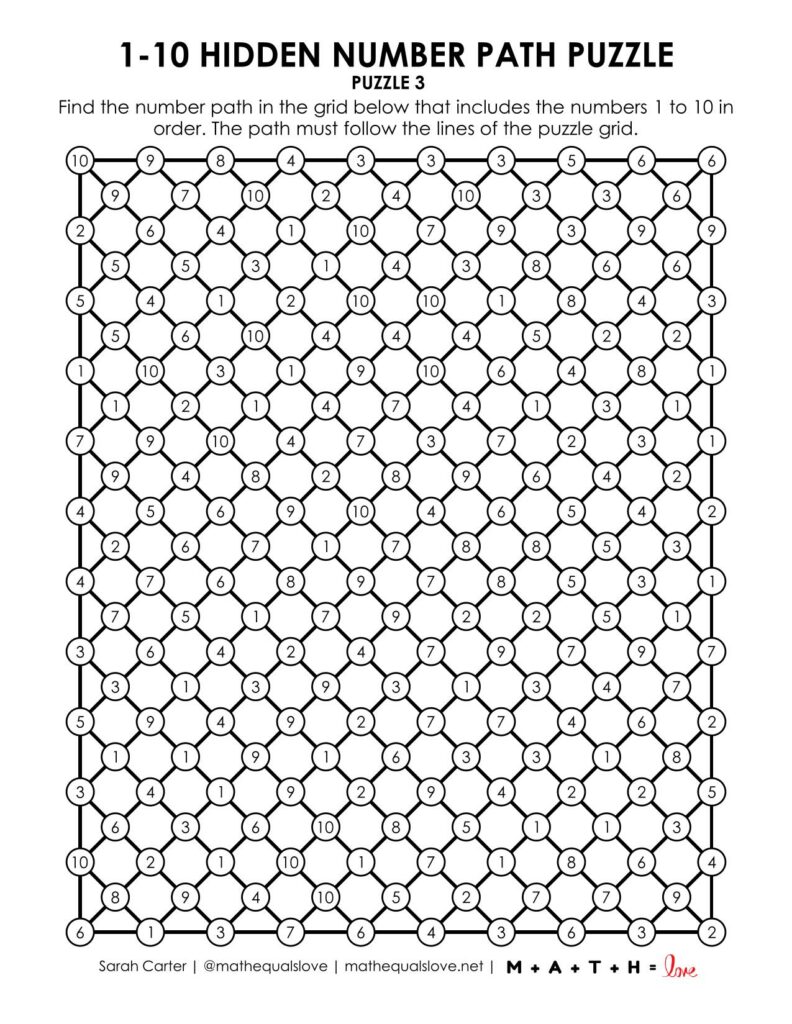 1-10 hidden number path puzzle example.