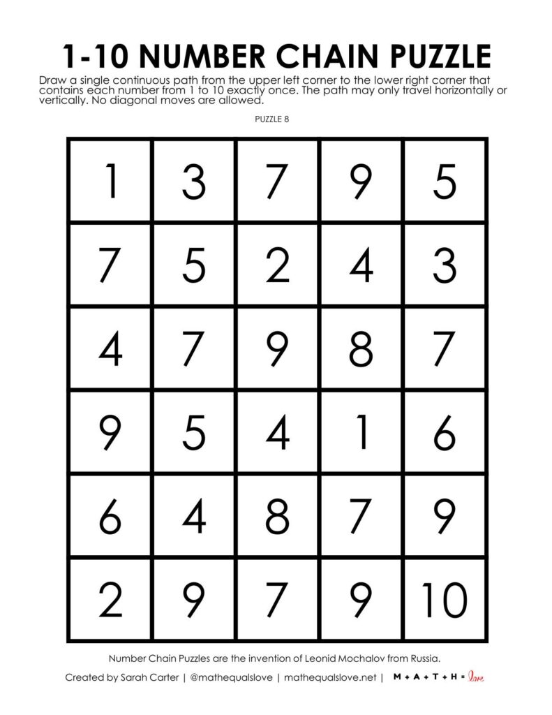 1-10 number chain puzzle - 1 to a page version.