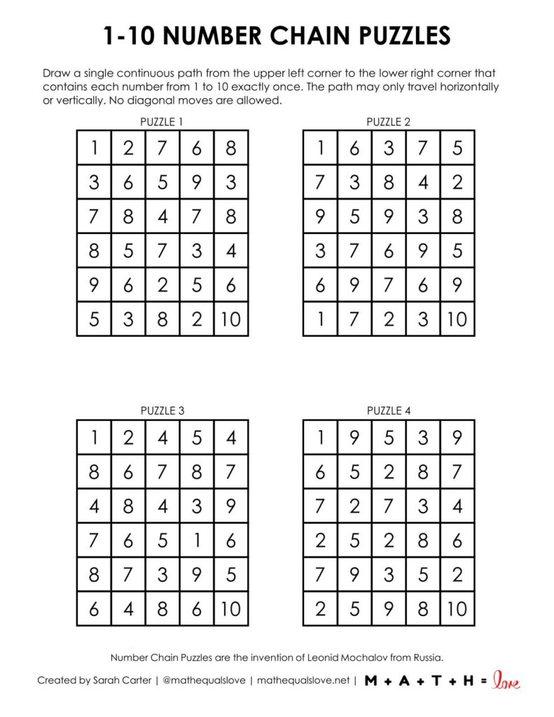 Number Chain Puzzle 1-10 - 4 to a page version.
