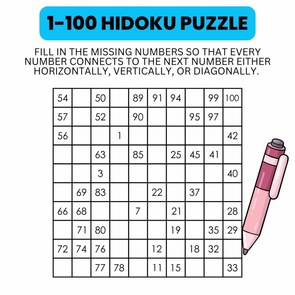 1-100 hidoku puzzle instructions.