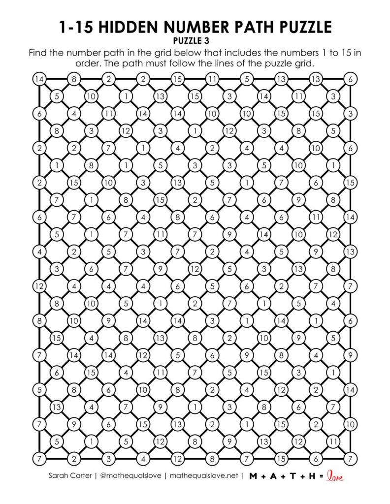 1-15 hidden number path puzzles.