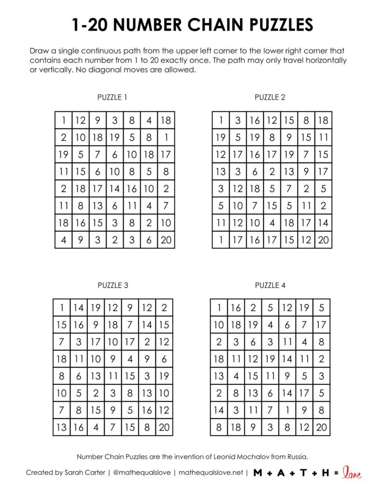 1-20 number chain puzzle - 4 to a page version.