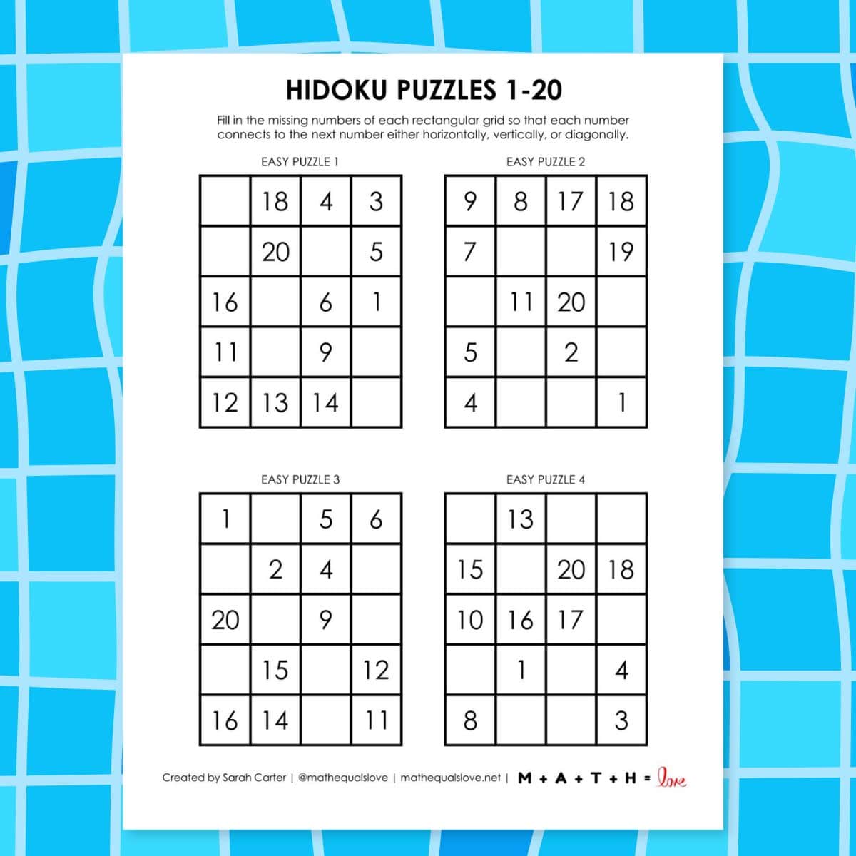 hidoku number puzzles 1-20.