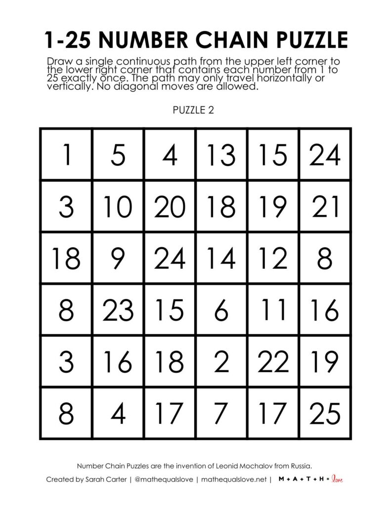 1-25 number chain puzzles.