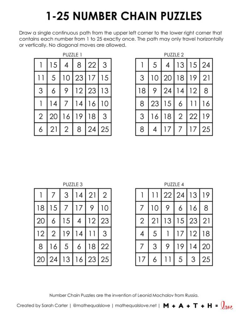 1-25 number chain puzzles 4 to a page.