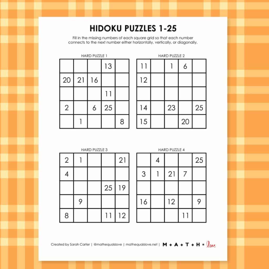 1-25 hidoku number puzzles.