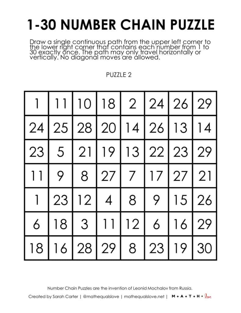 1-30 number chain puzzles.