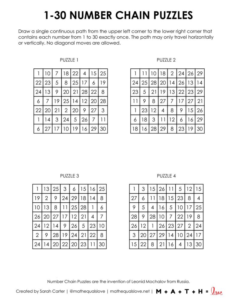 1-30 number chain puzzles - 4 to a page version.