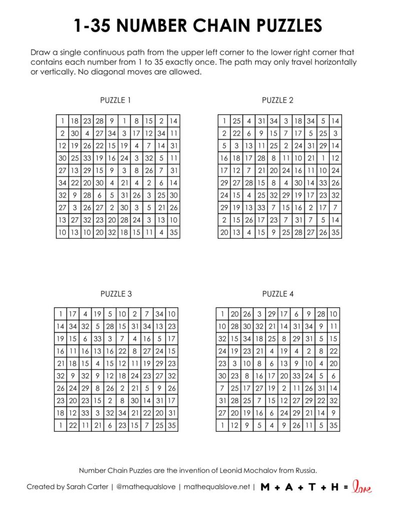 1-35 number chain puzzles - 4 to a page version.