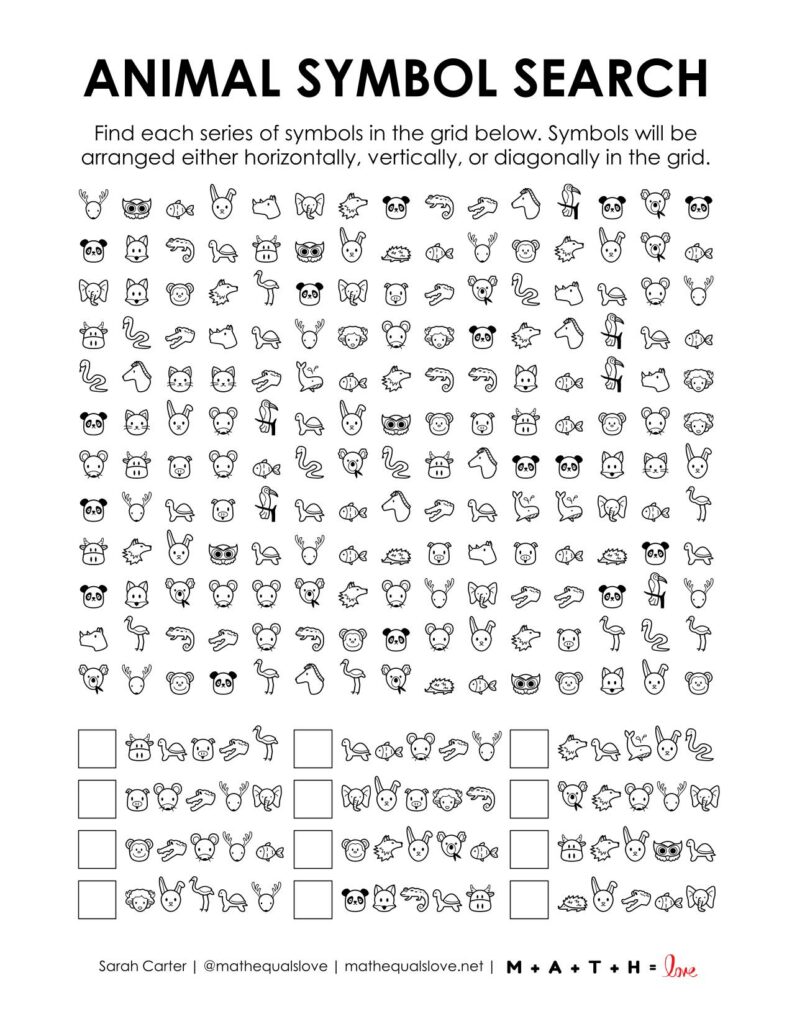 screenshot of animal symbol search puzzle.