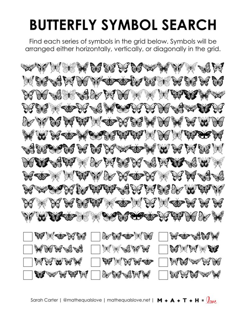 butterfly symbol search puzzle for spring.