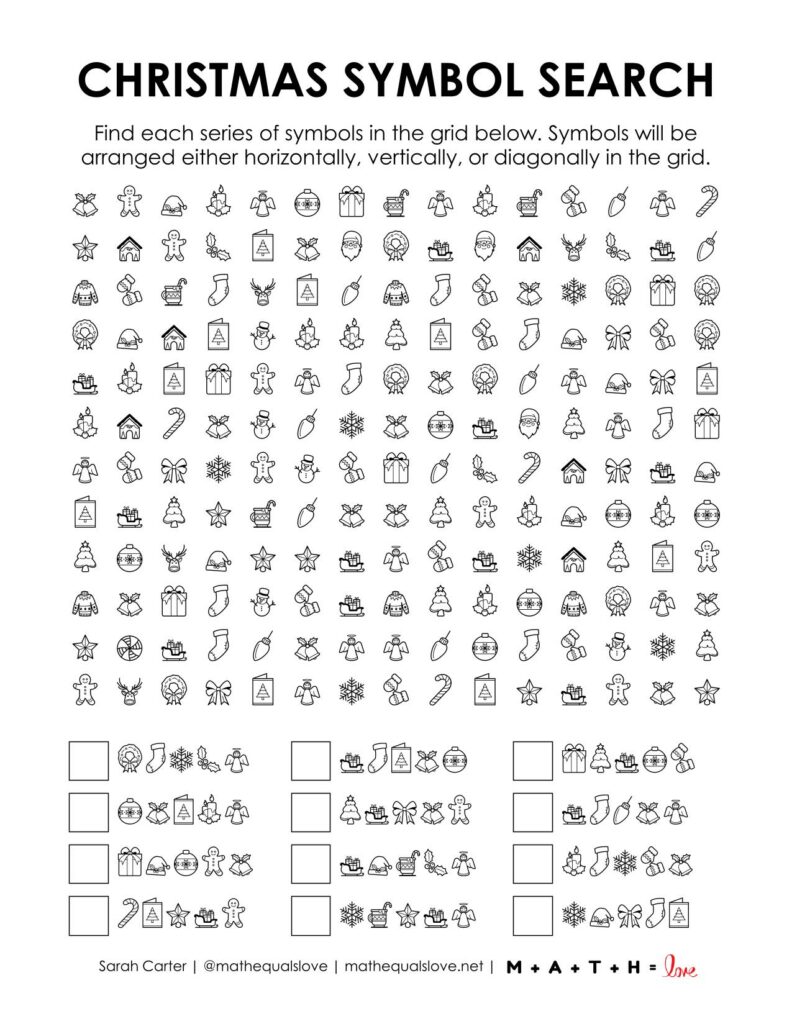 christmas symbol search puzzle worksheet.