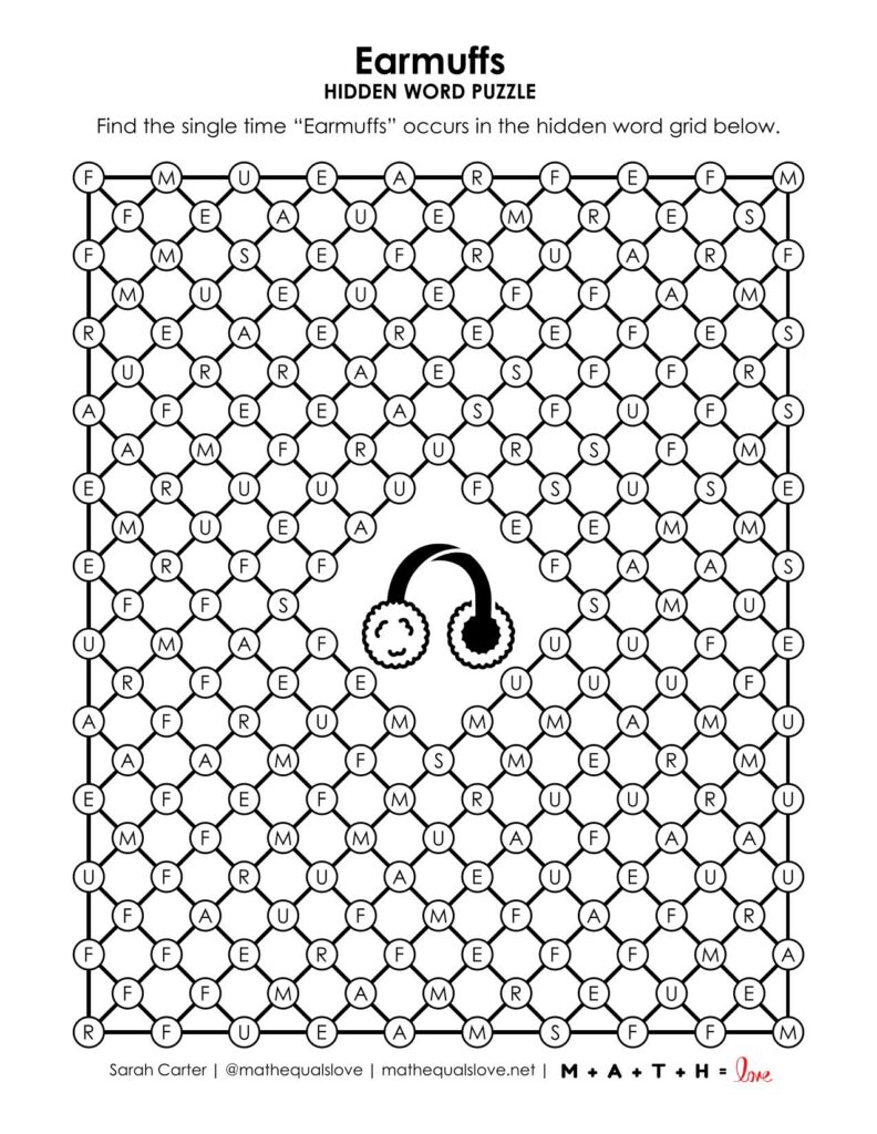 screenshot of earmuffs hidden word puzzle for winter.