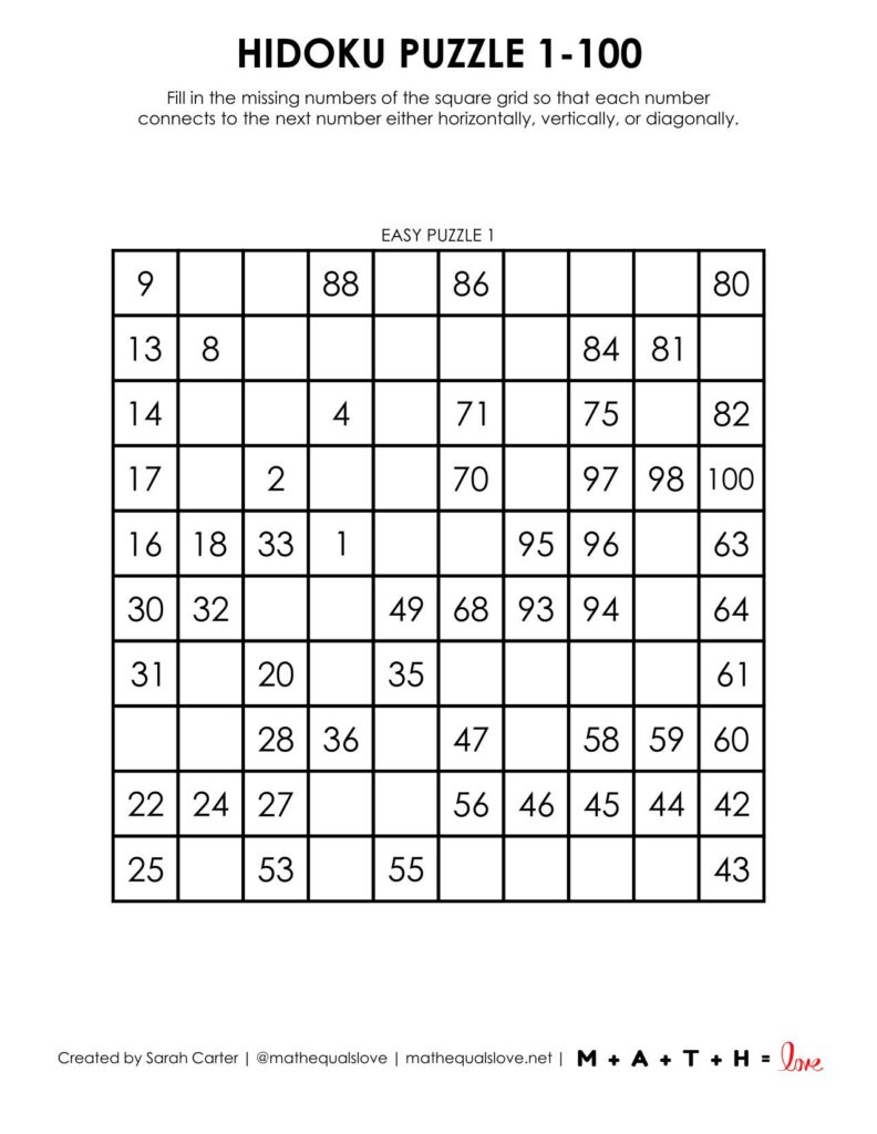 1-100 hidoku puzzle level easy.