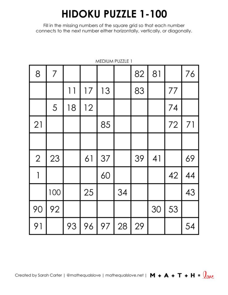 1-100 hidoku puzzles level medium.