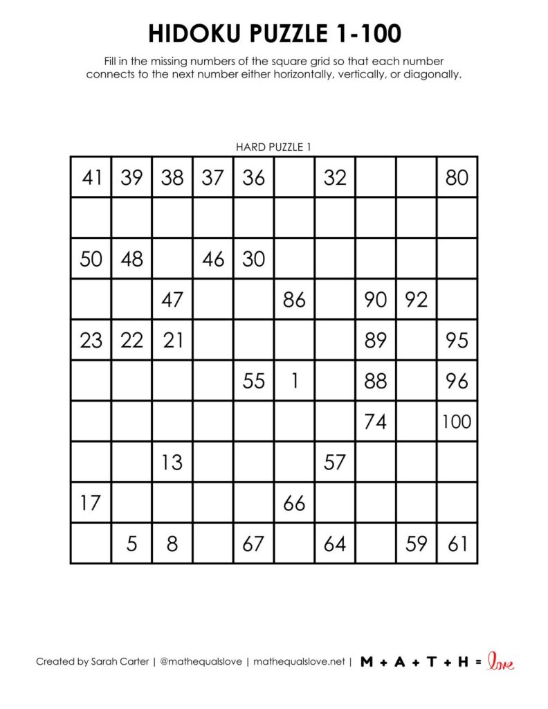 1-100 hidoku puzzle level hard.