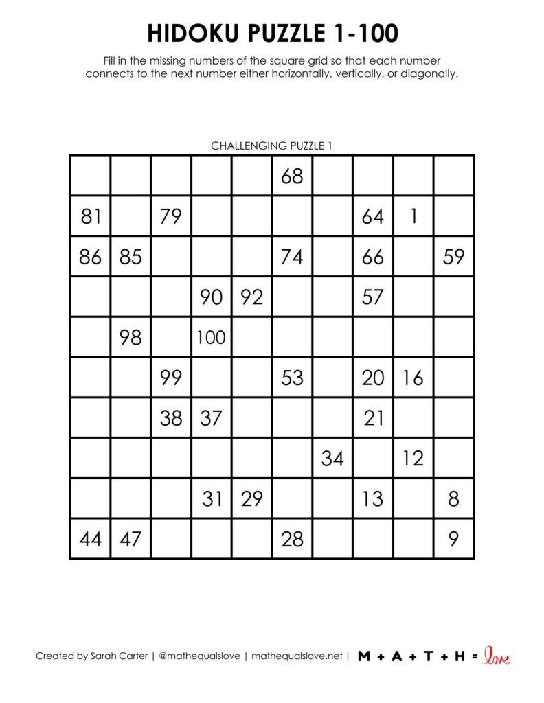1-100 hidoku puzzle level challenging.