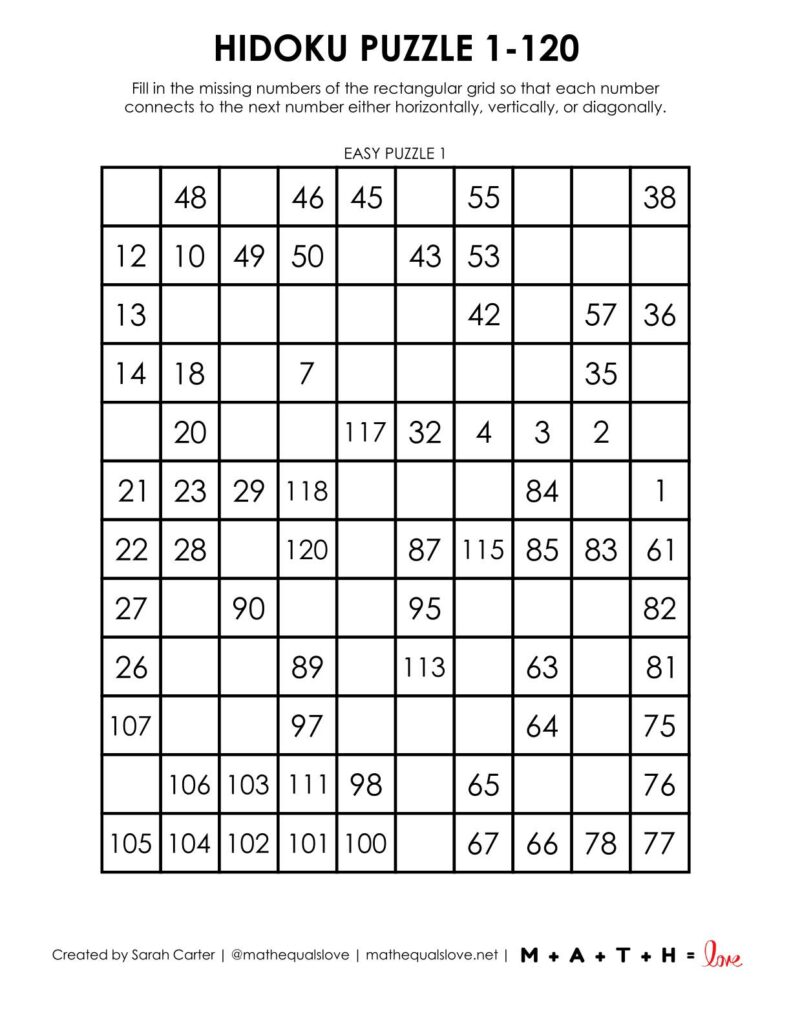 hidoku 1-120 puzzle level easy.