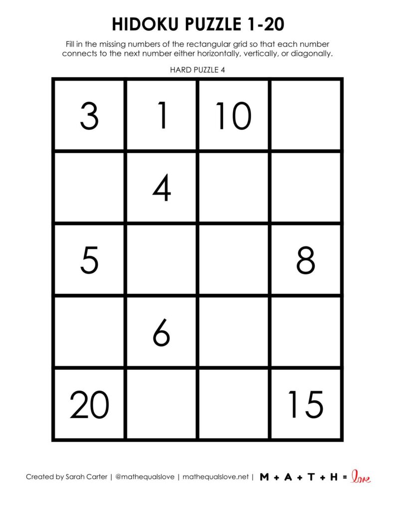 hidoku puzzles 1-20 1 to a page version.