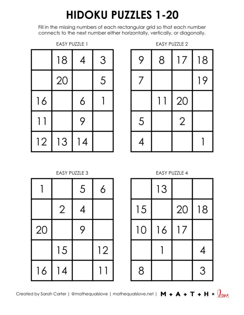 1-20 hidoku puzzles level easy.