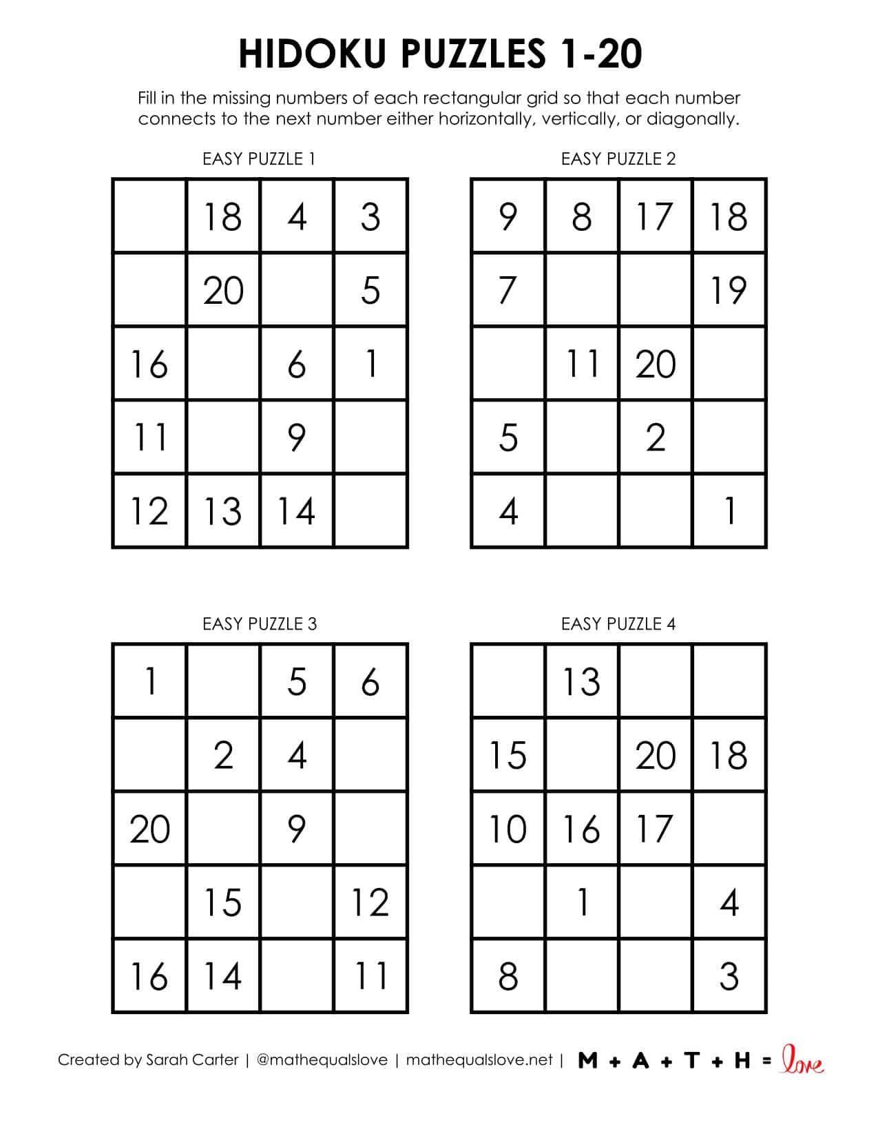 Hidoku Puzzles with Numbers 1-20 | Math = Love