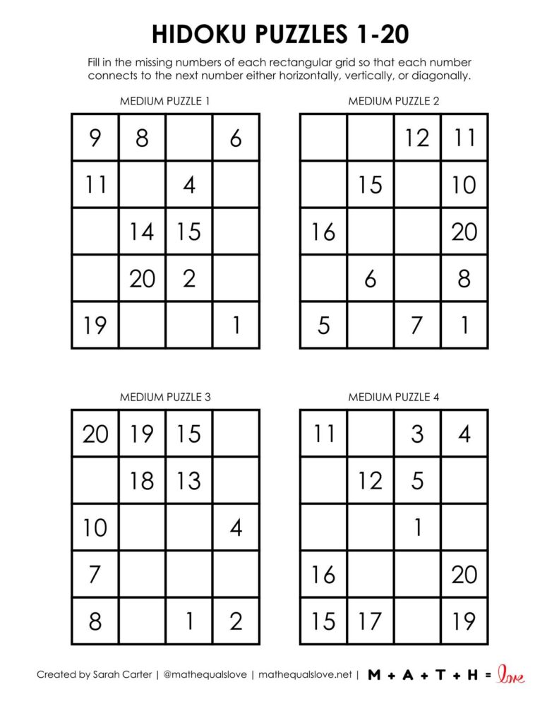 1-20 hidoku puzzles level medium.