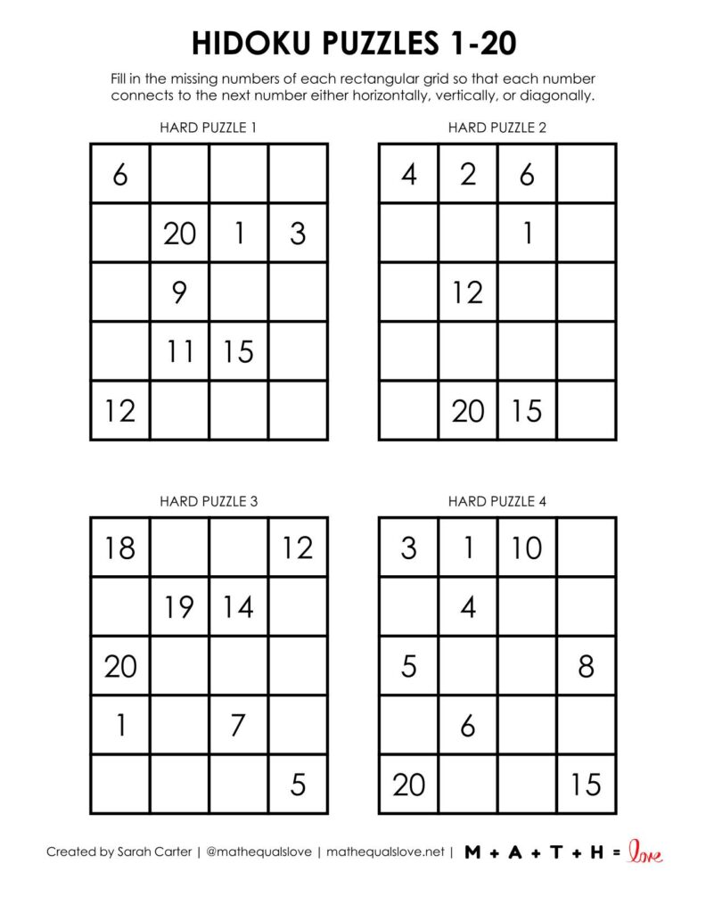1-20 hidoku puzzles level hard.