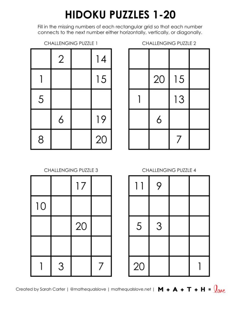 1-20 hidoku puzzles level challenging