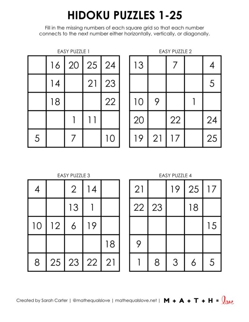 1-25 hidoku puzzles level easy.