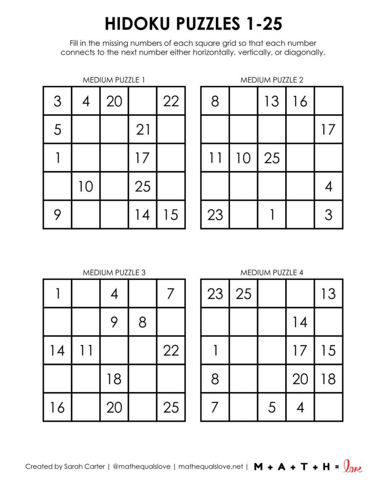 1-25 hidoku puzzles level medium.