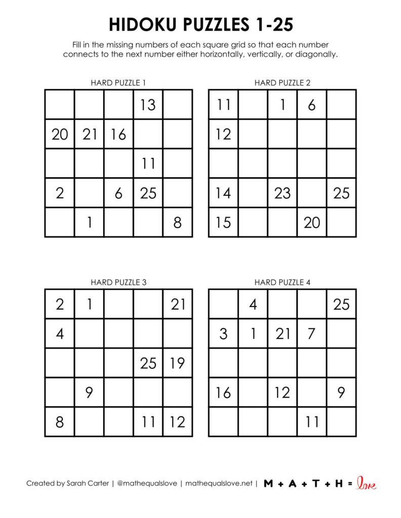 1-25 hidoku puzzles level hard.