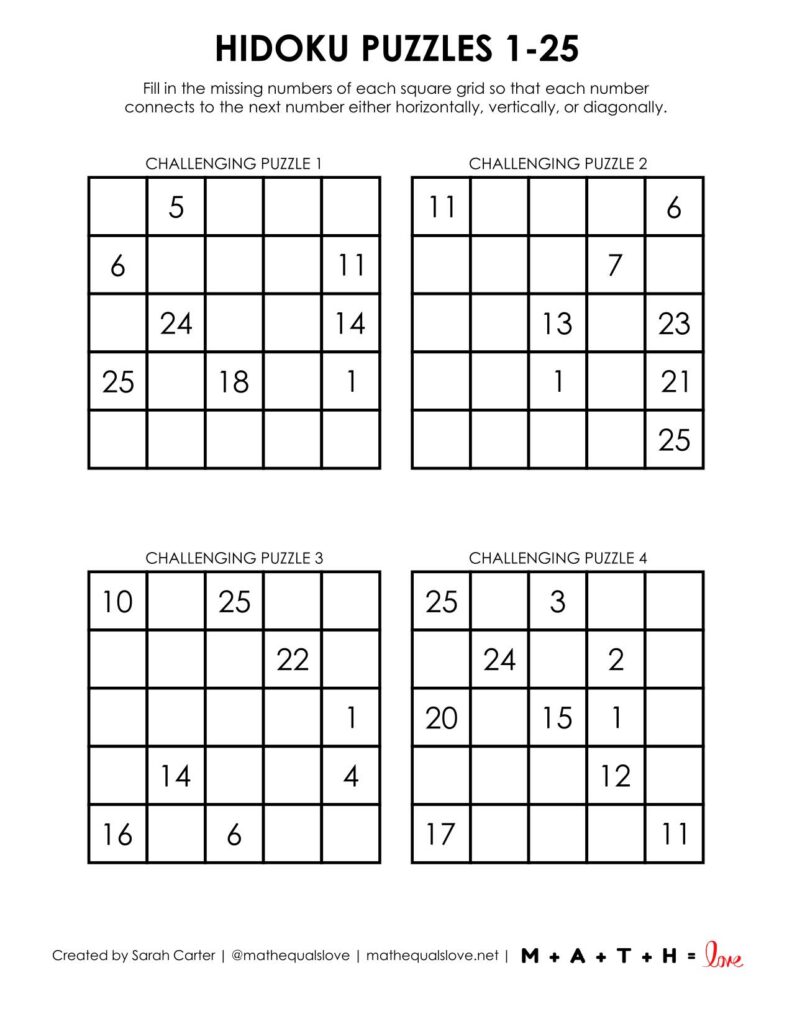 1-25 hidoku puzzles level challenging.