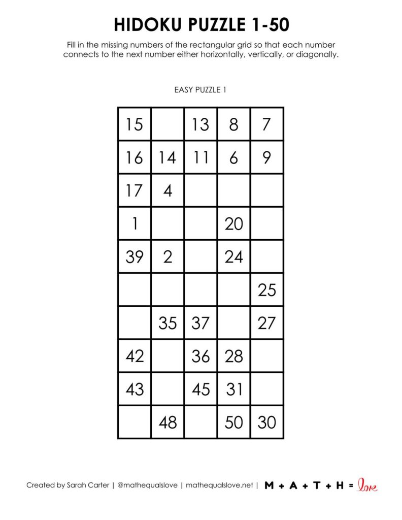 hidoku 1-50 puzzle level easy.