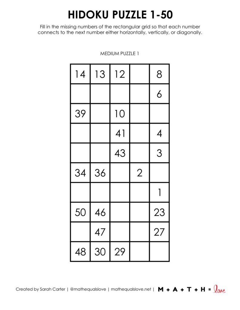 hidoku 1 to 50 puzzle level medium.