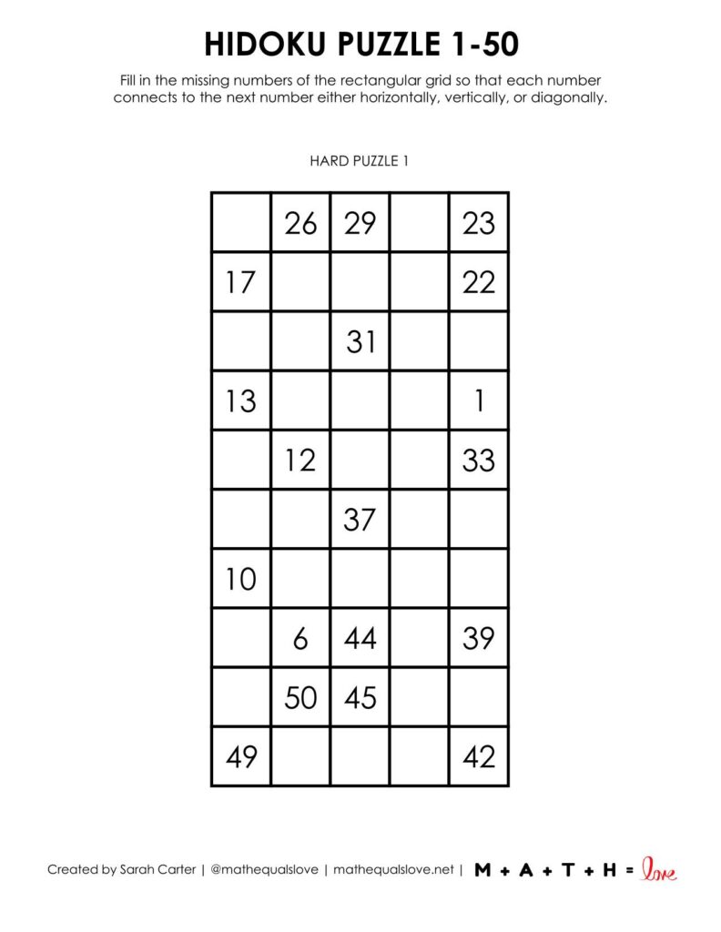 hidoku 1-50 puzzle level hard.