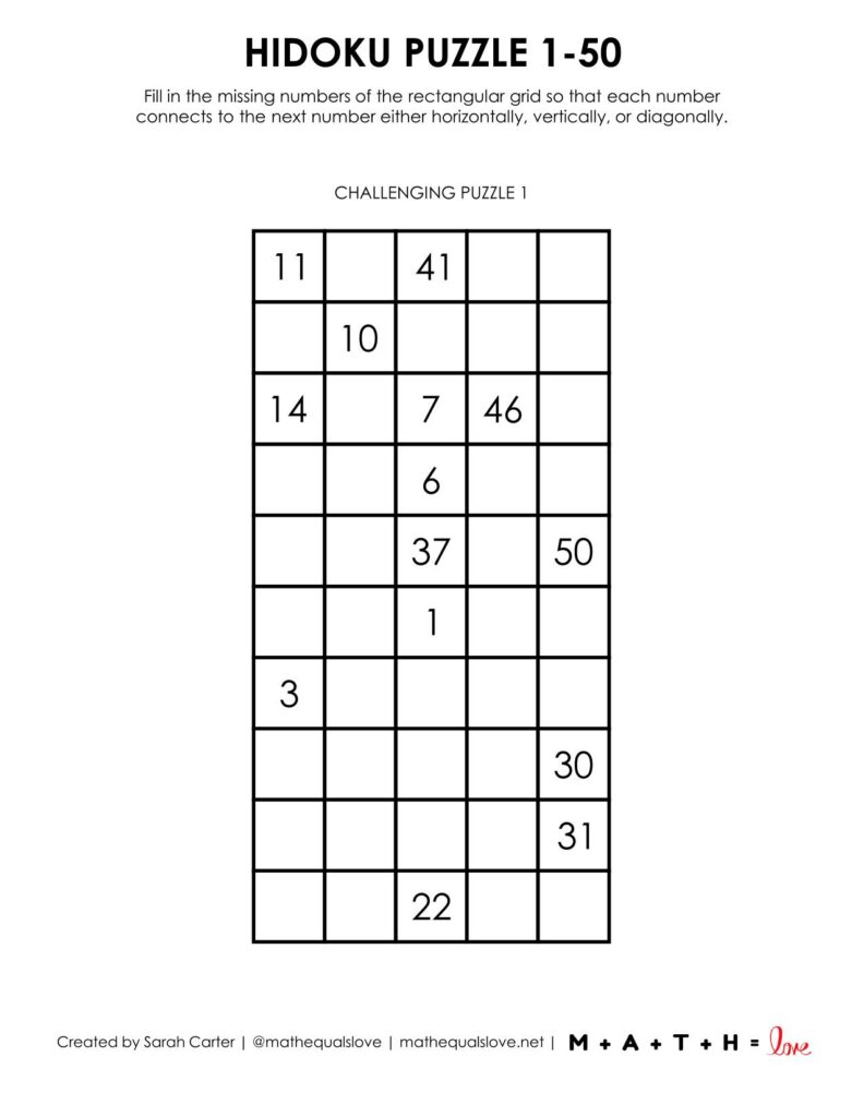hidoku 1 to 50 puzzle level challenging.