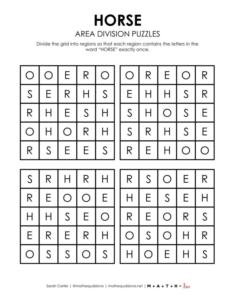 horse area division puzzles page 1.